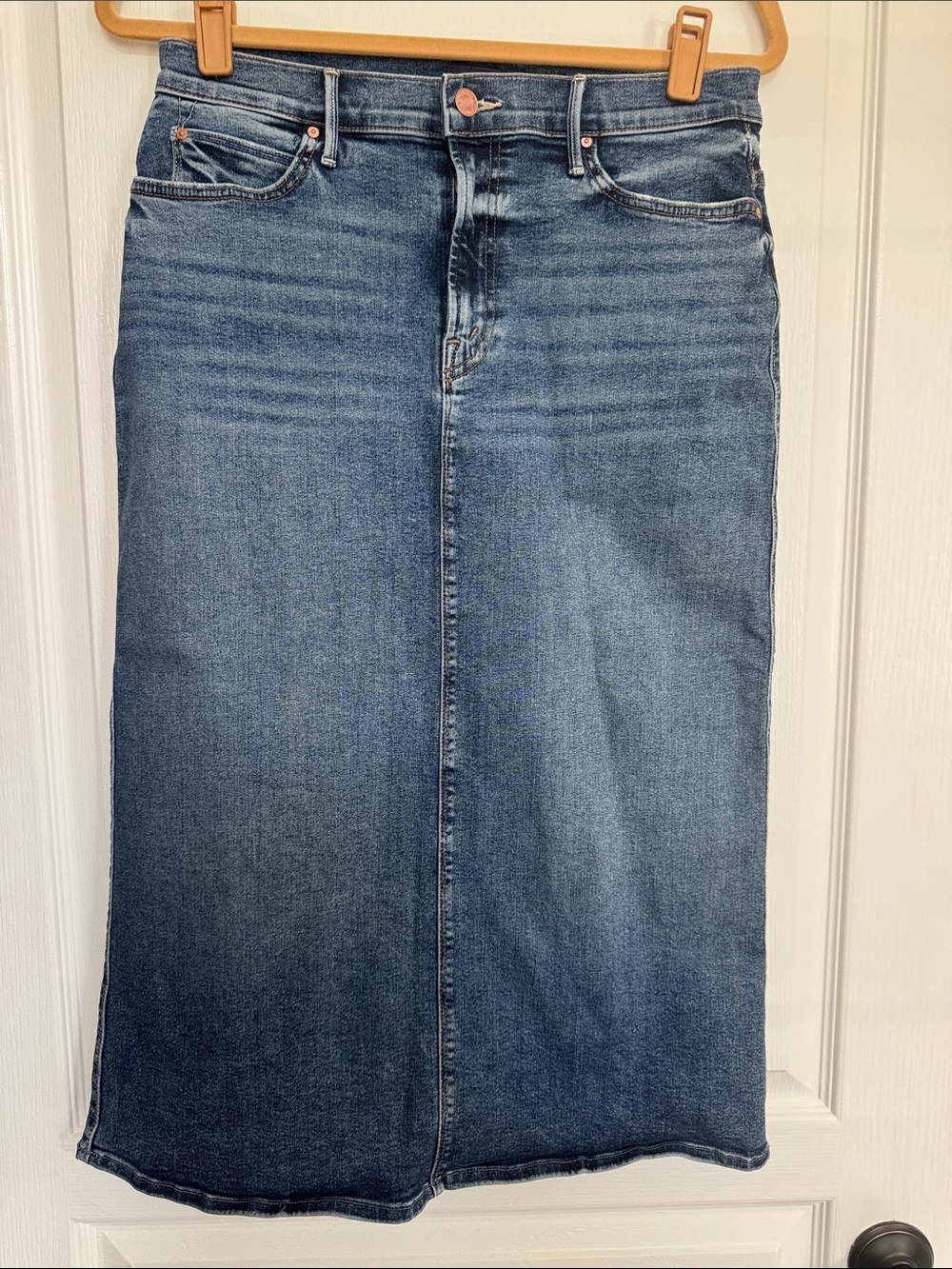 MOTHER Midi Denim Skirt in Medium Blue Wash